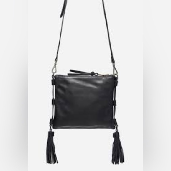 🆑Johnny Was Zipped Crossbody Black Leather And Embroidery Design Tassel Bag NWT